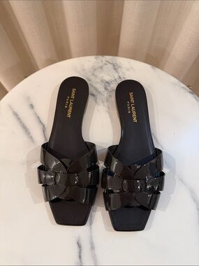 Saint Laurent Black Patent Woven Slide Mules